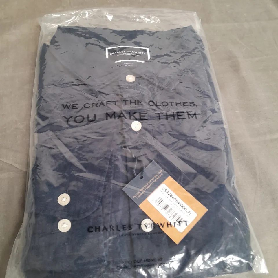 CHARLES TYRWHITT NAVY BLUE PURE LINEN CLASSIC FIT SHIRT SIZE XXL 