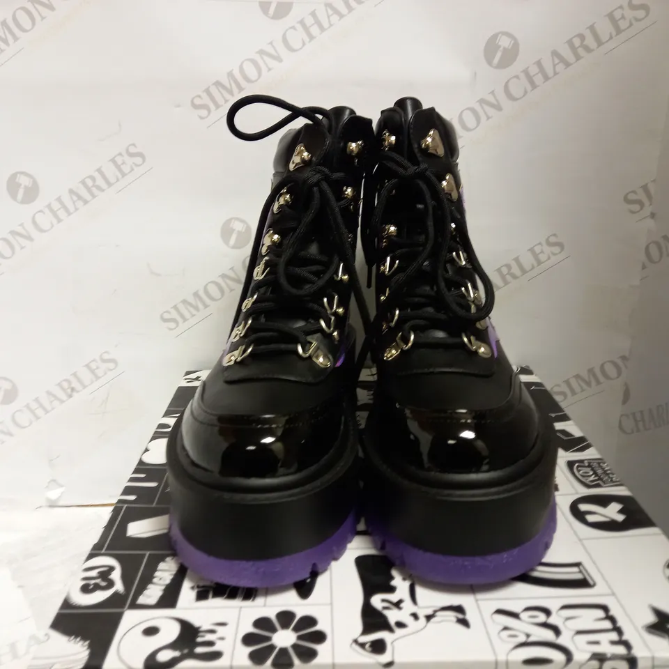 KOI VEGAN HELIOS PURPLE HOLOGRAM FLAME BOOTS UK SIZE 3