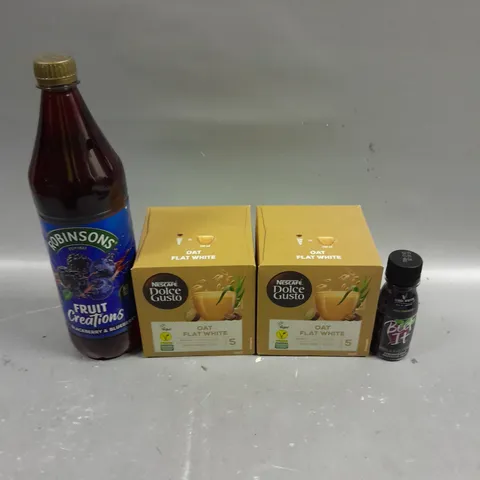 4 X ASSORTED DRINK PRODUCTS TO INCLUDE ROBINSONS BLACKBERRY CORDIAL, NESCAFE DOLCE GUSTO & JAMES WHITE BEET IT