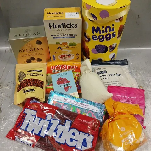 APPROXIMATELY 12 ASSORTED FOOD & DRINK ITEMS TO INCLUDE - MINI EGGS EASTER EGG - HORLICKS MALTED PORRIDGE - FEEL COMPLETE CELTIC SEA SALT - ETC