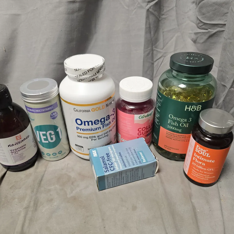 APPROXIMATELY 12 ASSORTED VITAMIN/HEALTH AID PRODUCTS TO INCLUDE H&B OMEGA 3 FISH OIL, COLLAGEN GUMMIES, VEG 1 MULTIVITAMINS, ETC - COLLECTION ONLY