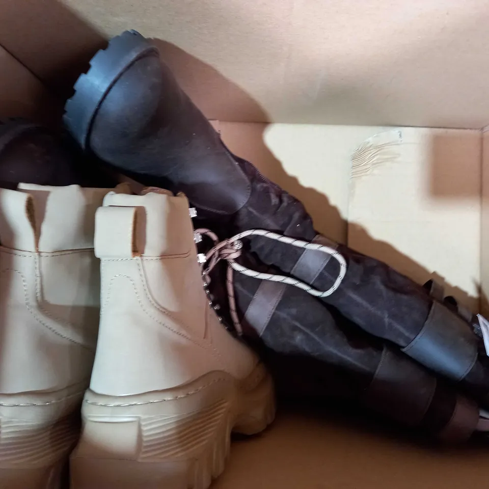 BOX OF APPROXIMATELY 5 ASSORTED SHOES AND FOOTWEAR ITEMS IN VARIOUS STYLES, SIZES, AND COLOURS TO INCLUDE SKECHERS, CARVELA, H&M, ETC