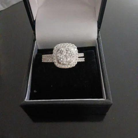 DIAMONIQUE 1.85CT TW CUSHION CUT CLUSTER RING SET STERLING SILVER