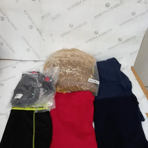 LARGE BOX OF ASSORTED CLOTHING ITEMS IN VARIOUS COLOURS AND SIZES INCLUDING TROUSERS , TOPS AND JUMPERS