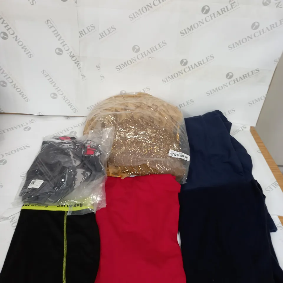 LARGE BOX OF ASSORTED CLOTHING ITEMS IN VARIOUS COLOURS AND SIZES INCLUDING TROUSERS , TOPS AND JUMPERS 