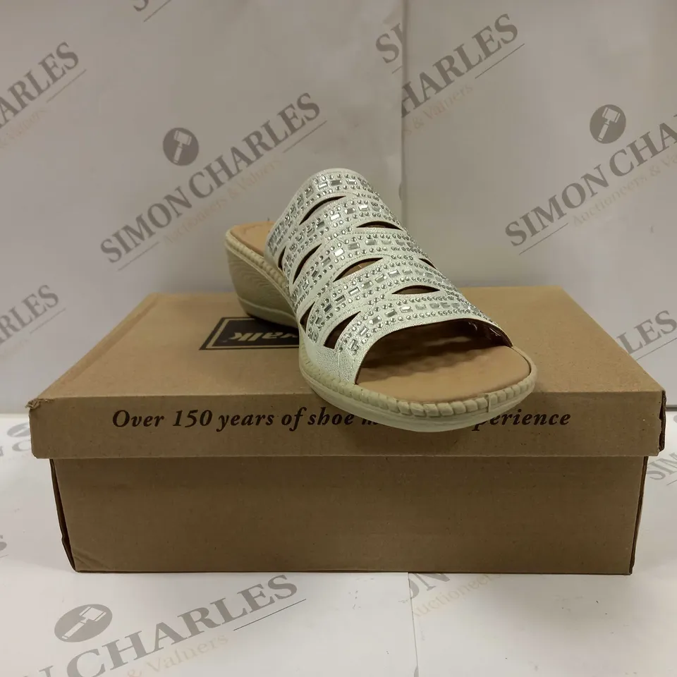 BOXED PAIR OF CUSHION WALK DIAMANTE MULES IN WHITE - SIZE 6