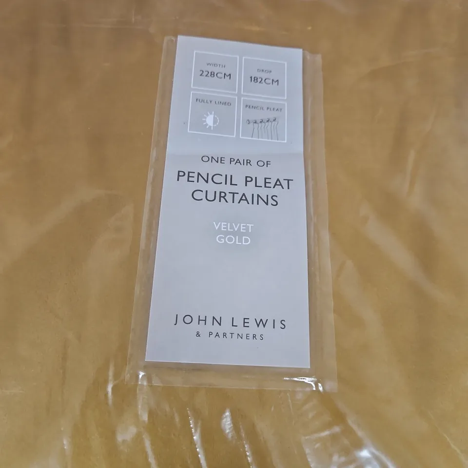 JOHN LEWIS & PARTNERS VELVET GOLD PENCIL PLEAT CURTAINS – ONE PAIR, 228CM W X 182CM DROP, FULLY LINED