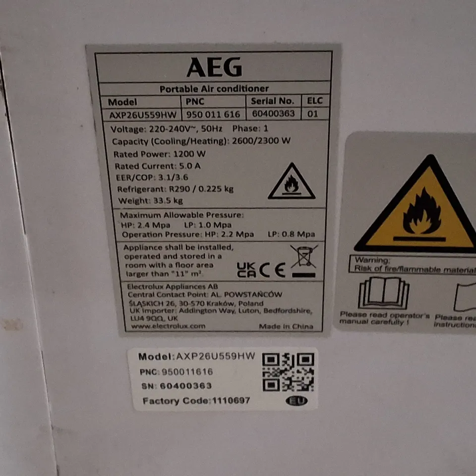 UNBOXED AEG PORTABLE AIR CONDITIONER AXP26U559HW