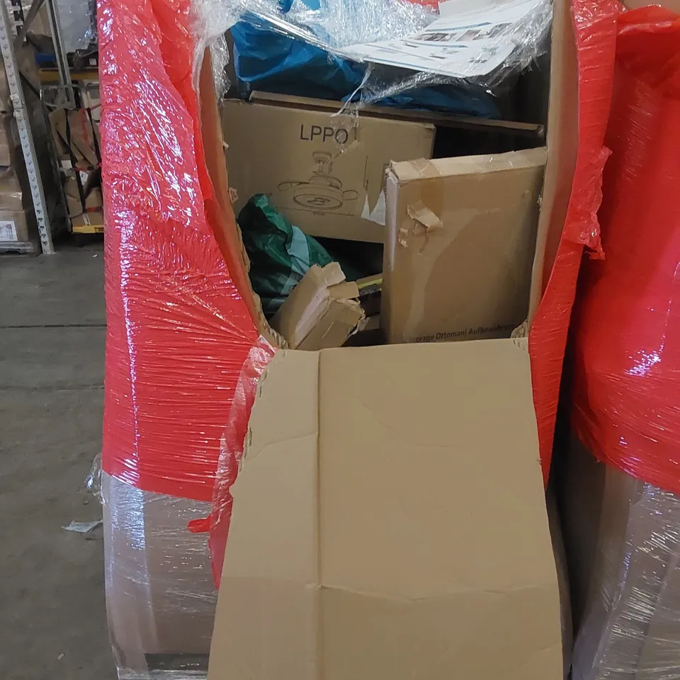 PALLET CONTAINING ASSORTED HOUSEHOLD PRODUCTS. INCLUDES CEILING FAN WITH LED LIGHT, VANITY MIRROR, STORAGE OTTOMAN, BOXED FURNITURE ETC