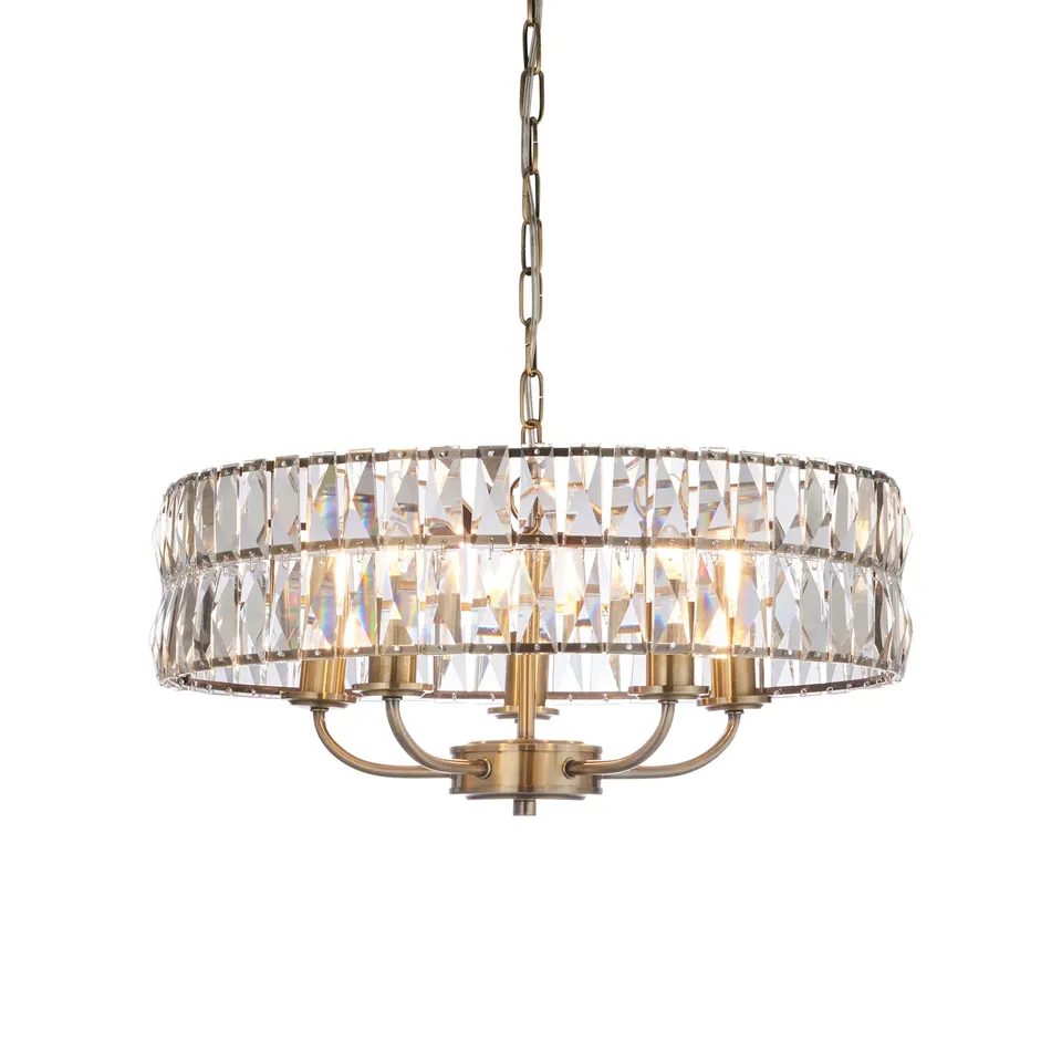 BOXED ENDON LIGHTING - CLIFTON - 106244 - ANTIQUE BRASS CLEAR CRYSTAL GLASS 5 LIGHT CEILING PENDANT LIGHT