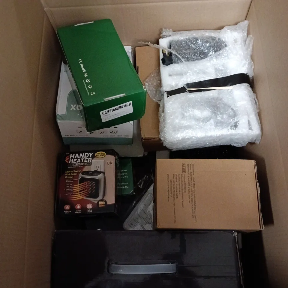 BOX OF APPROXIMATELY 15 ASSORTED HOUSEHOLD ITEMS TO INCLUDE CUPPING MASSAGE INSTRUMENT, HANDY HEATER TURBO 800, ULTRASONIC CLEANER, ELECTRIC LUNCHBOX ETC