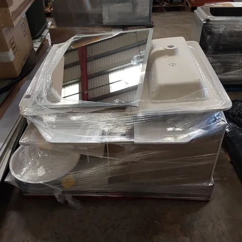 PALLET OF ASSORTED BATHROOM PRODUCTS. INCLUDING MIRROR, VANITY BASINS, BATHROOM FURNITURE ETC