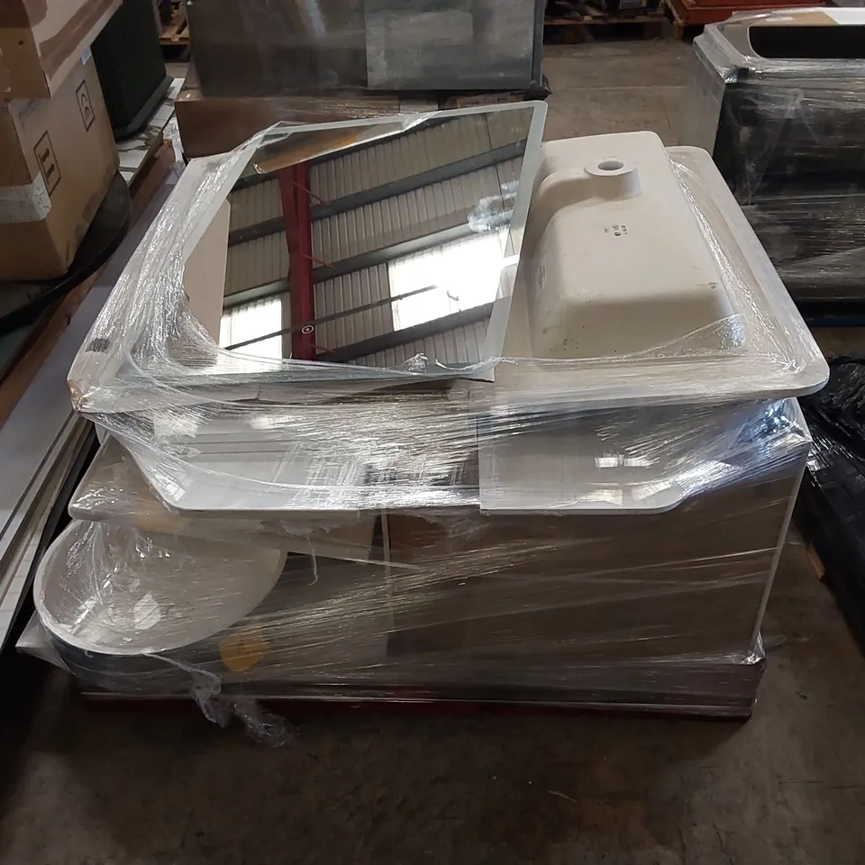 PALLET OF ASSORTED BATHROOM PRODUCTS. INCLUDING MIRROR, VANITY BASINS, BATHROOM FURNITURE ETC