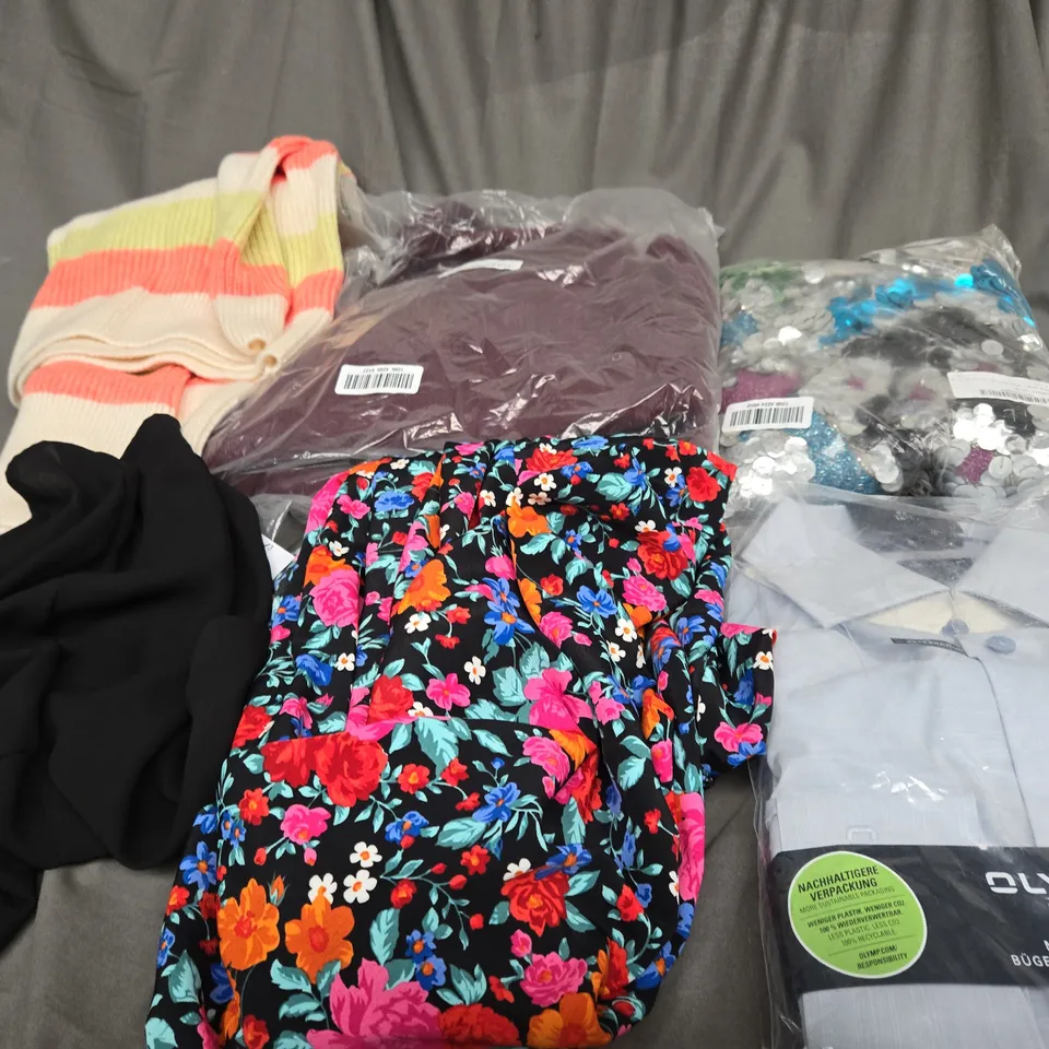 BOX OF ASSORTED CLOTHING ITEMS IN VARIOUS COLOURS, STYLE AND SIZES 