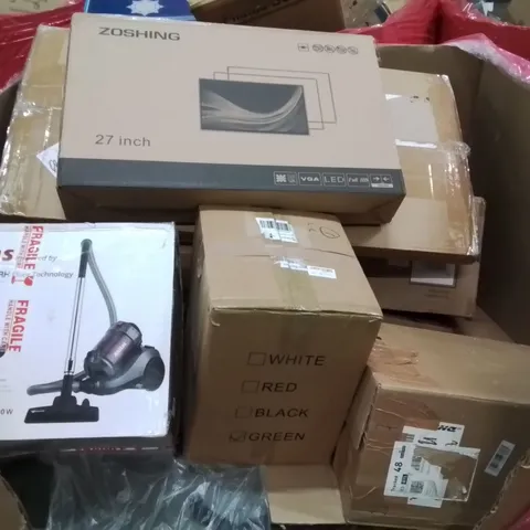 PALLET CONTAINING VARIOUS ASSORTED BOXED HOUSEHOLD ITEMS TO INCLUDE: AIR FRYER, VACUUM CLEANER, PC MONITORS, AIR PURIFIER AND LOTS MORE UNMARKED BOXED ITEMS