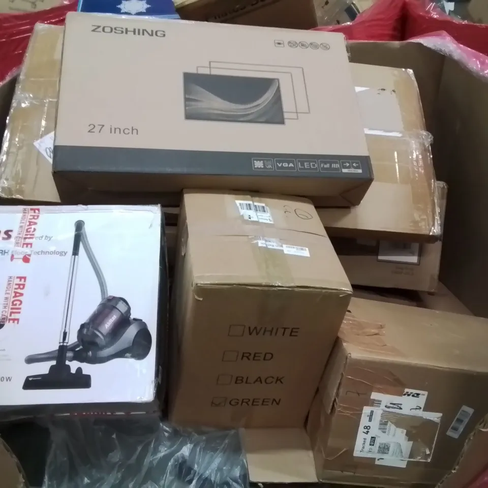 PALLET CONTAINING VARIOUS ASSORTED BOXED HOUSEHOLD ITEMS TO INCLUDE: AIR FRYER, VACUUM CLEANER, PC MONITORS, AIR PURIFIER AND LOTS MORE UNMARKED BOXED ITEMS 