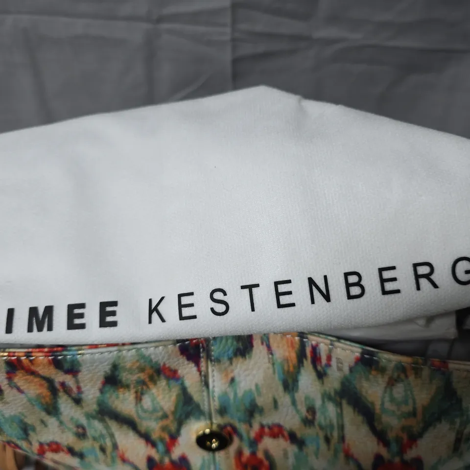 AIMEE KESTENBERG HANDBAG – MULTICOLOR FLORAL FABRIC WITH TAN LEATHER TRIM