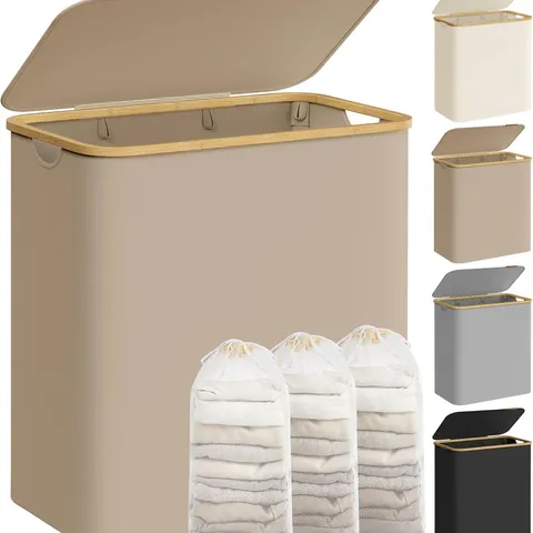 SONGMICS 3-SECTION LARGE LAUNDRY BASKET WITH LID, 150 L, 60 ×38.5 ×70.5 CM, CAMEL BROWN