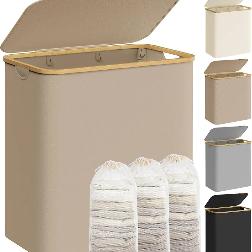 SONGMICS 3-SECTION LARGE LAUNDRY BASKET WITH LID, 150 L, 60 ×38.5 ×70.5 CM, CAMEL BROWN