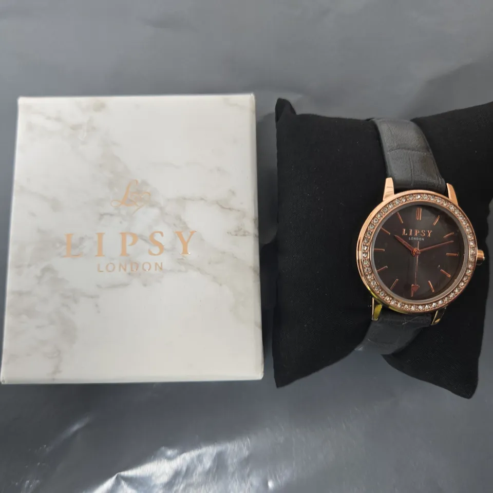 LIPSY LONDON WRISTWATCH – BLACK DIAL, CRYSTAL BEZEL, LEATHER STRAP