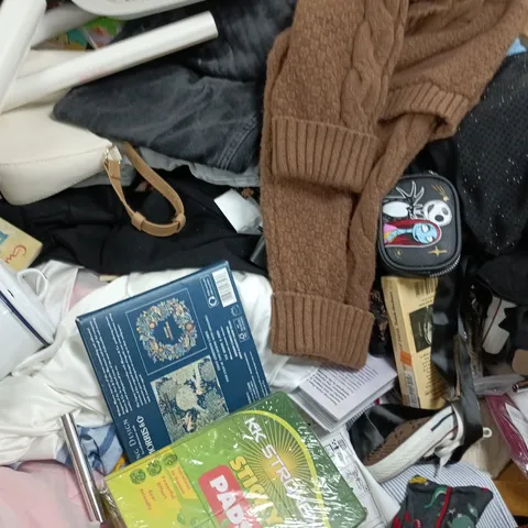 PALLET TO CONTAIN A LARGE ASSORTMENT OF HOUSEHOLD ITEMS TO INCLUDE CLOTHING, BOOKS, ETC - COLLECTION ONLY