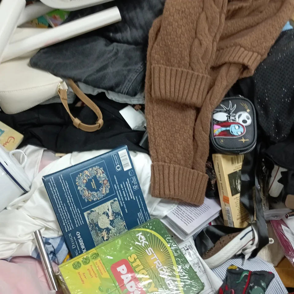 PALLET TO CONTAIN A LARGE ASSORTMENT OF HOUSEHOLD ITEMS TO INCLUDE CLOTHING, BOOKS, ETC - COLLECTION ONLY