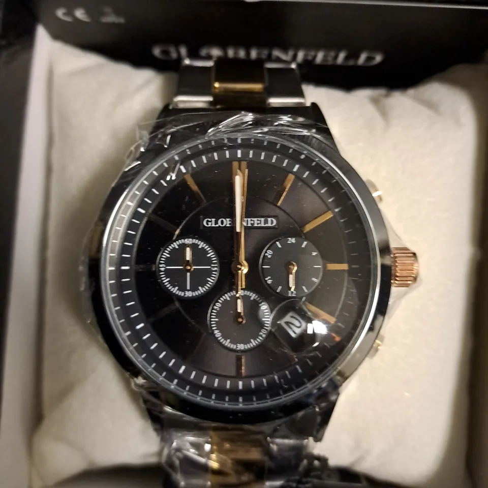 BOXED GLOBENFELD MARKSMAN SILVER ROSE BLACK DIAL WATCH 