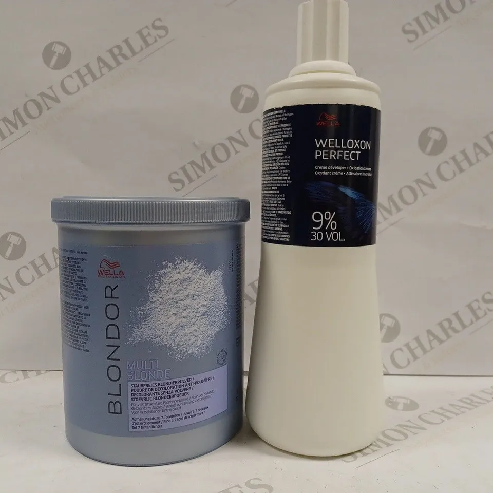BOX OF 2 WELLA PRODUCTS TO INCLUDE BLONDOR MULTI BLONDE BLEACHING POWDER 800G & WELLOXAN PERFECT 9% CREME DEVELOPER 1000ML 