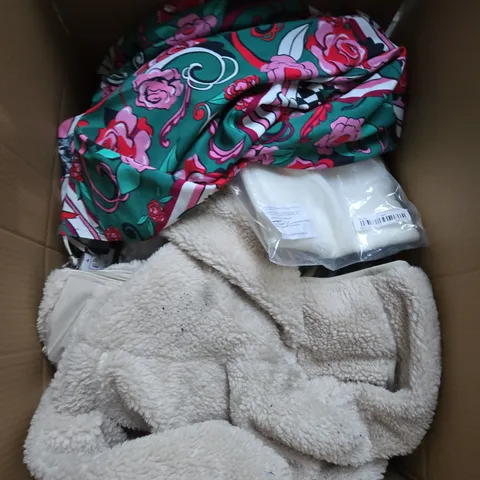 LARGE BOX OF ASSORTED CLOTHING ITEMS IN VARIOUS SIZES, STYLES AND COLOUR 