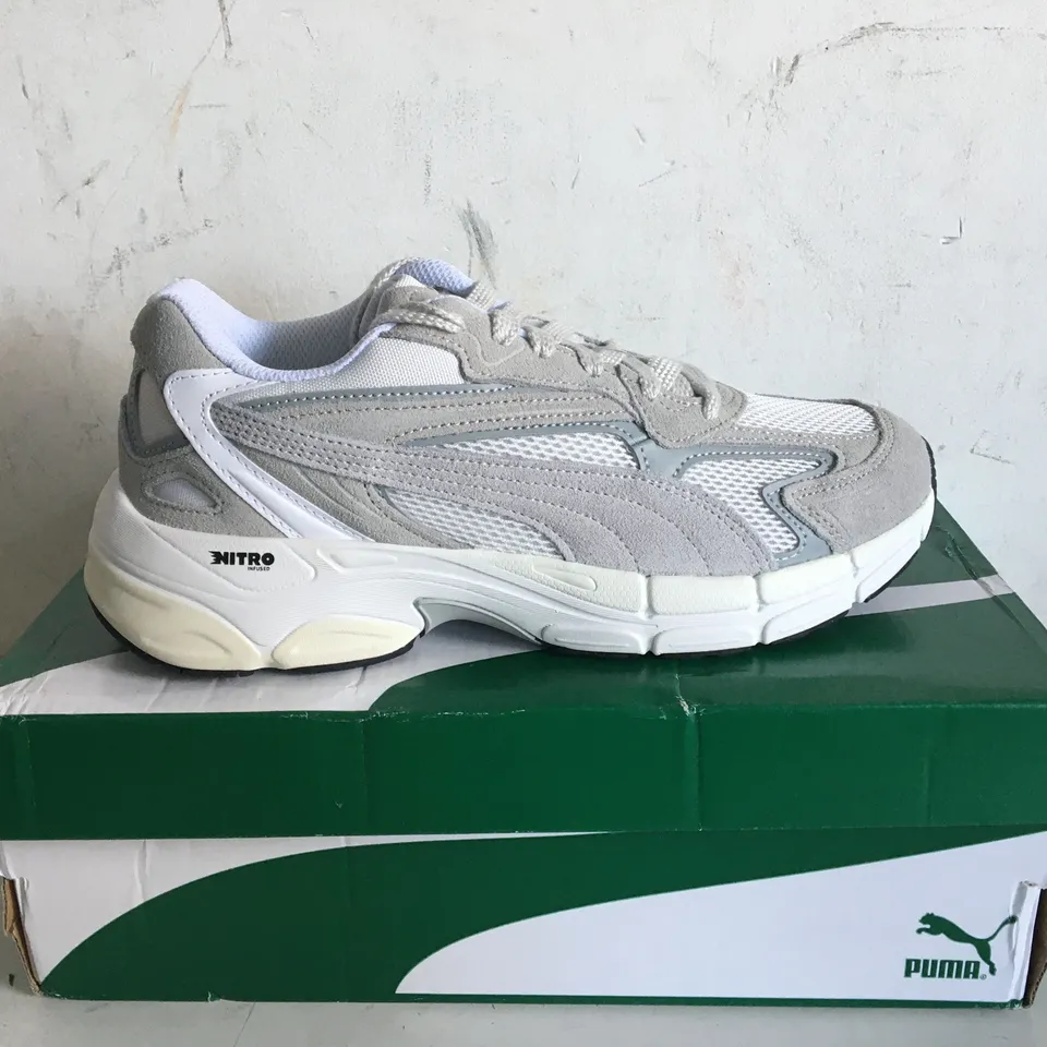 BOXED PAIR OF SIZE 7.5 GREY PUMA TEVERIS NITRO TRAINERS 