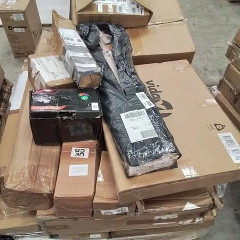 PALLET CONTAINING VARIOUS ASSORTED BOXED HOUSEHOLD RETURNS/ELECTRICAL/GARDEN ITEMS TO INCLUDE: KM-100 CONDENSER, ADHESIVE FLOOR PLANKS, ELECTRIC CAR WASHING MACHINE ETC.