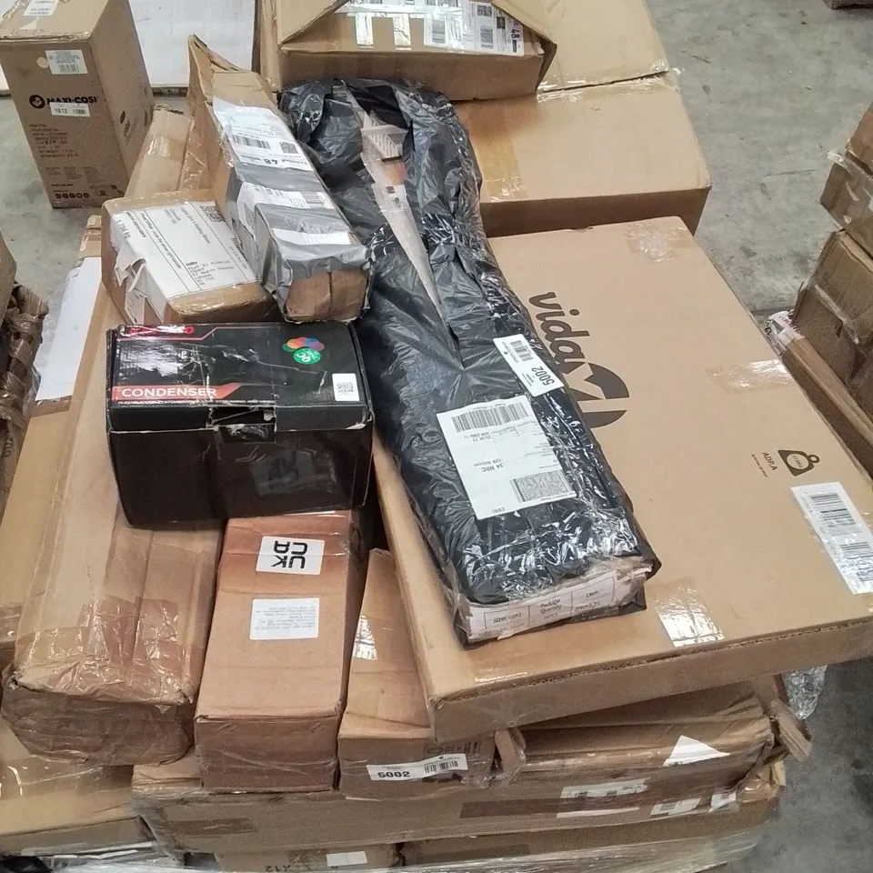 PALLET CONTAINING VARIOUS ASSORTED BOXED HOUSEHOLD RETURNS/ELECTRICAL/GARDEN ITEMS TO INCLUDE: KM-100 CONDENSER, ADHESIVE FLOOR PLANKS, ELECTRIC CAR WASHING MACHINE ETC.