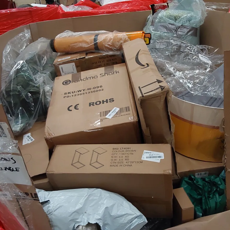 PALLET TO CONTAIN ASSORTED HOUSEHOLD ITEMS AND CONSUMER PRODUCTS. INCLUDING ARC FLOOR LAMP, SIDE TABLES, LAMP SHADE, FLUSH MOUNT ETC 