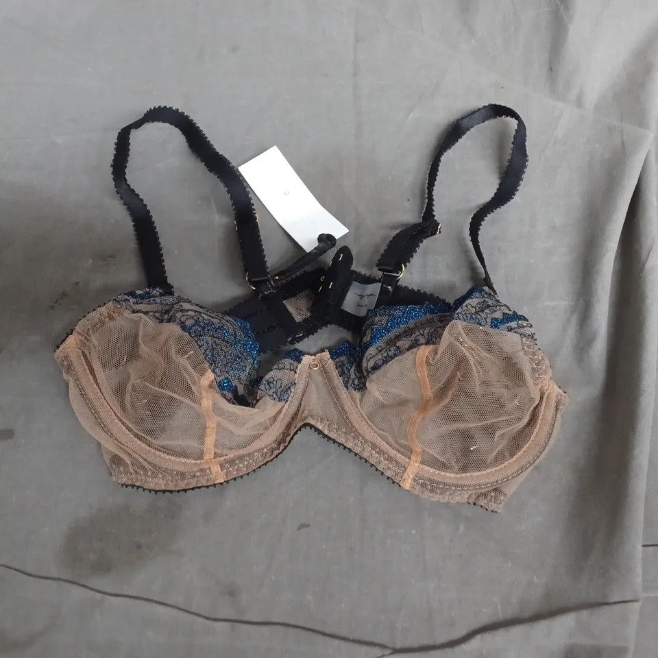 WOMEN'S BLUE LACE BRA WITH BEIGE MESH CUPS, BLACK STRAPS SIZE 4