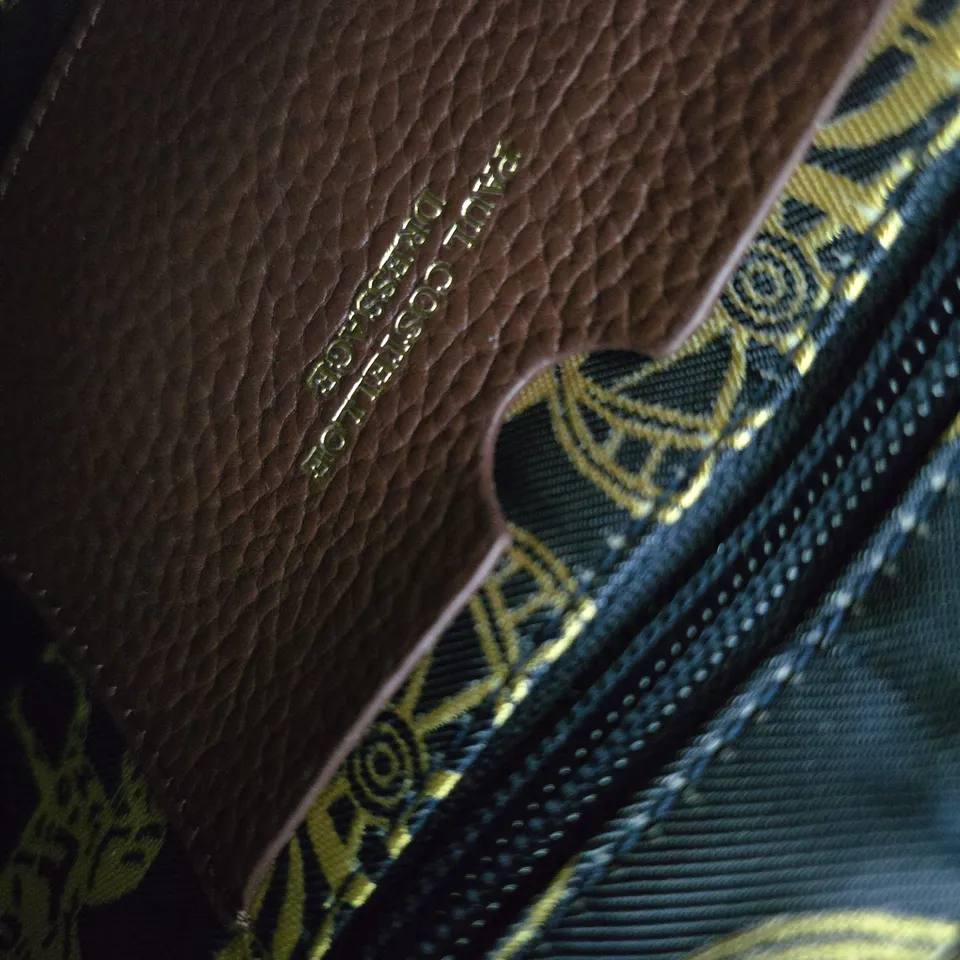 PAUL COSTELLOE DRESSAGE BROWN PEBBLED LEATHER CROSSBODY BAG WITH GOLD HORSE-EMBLEM CLASP