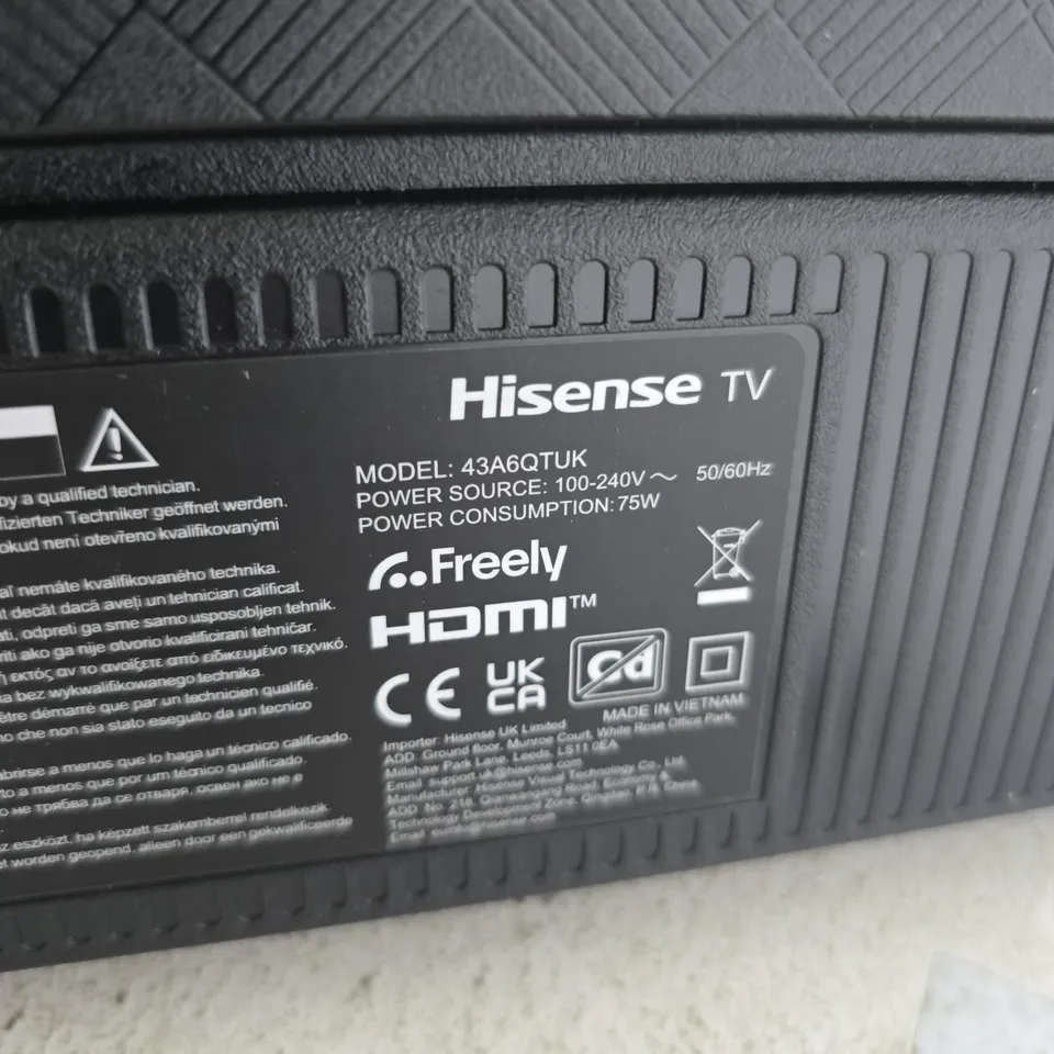 HISENSE 43-INCH TV (MODEL 43A6QTUK) – CRACKED SCREEN
