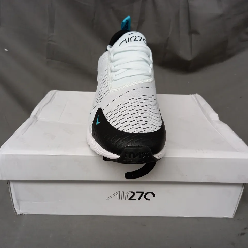 BOXED PAIR OF NIKE AIR MAX 270 SHOES IN WHITE/BLACK/CYAN UK SIZE 8.5