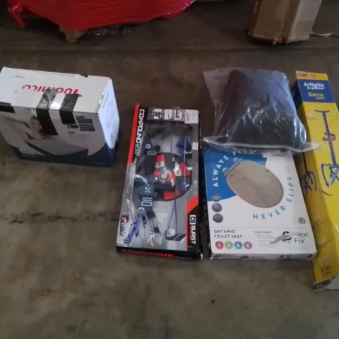 PALLET CONTAINING ASSORTED HOUSEHOLD & HOME IMPROVEMENT PRODUCTS. INCLUDES BACKPACK, COMPOUND BOW, AIR MATTRESS, TOILET SEAT, OFFICE CHAIR ETC