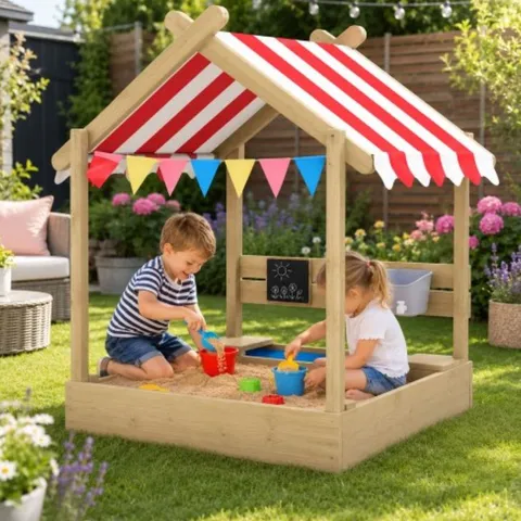 BOXED NEO WOODEN SANDBOX CANOPY OUTDOOR GARDEN SAND PIT