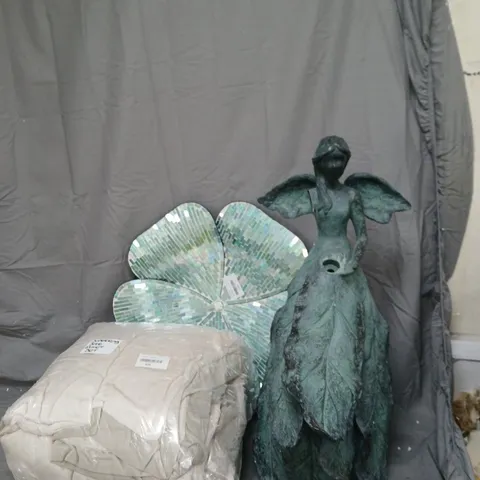 GARDEN ORNAMENT – PATINATED ANGEL STATUE WITH WINGS AND MOSAIC SHELL PANEL WITH DUVET COVER AND GARDEN ORNAMENT .