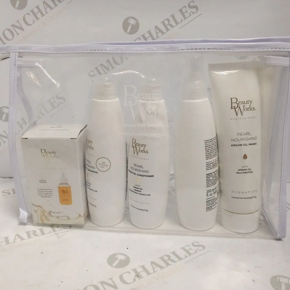 BEAUTY WORKS GIFT SET TO INCLUDE; ARGAN SERUM, SHAMPOO, CONDITIONER, HEAT PROTECTION SPRAY AND OIL MASK