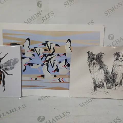 BOX OF APPROXIMATELY 10 ASSORTED ANIMAL THEMED ARTWORK ITEMS TO INCLUDE BEE ART PRINT, DOG SKETCH ART PRINT, ETC