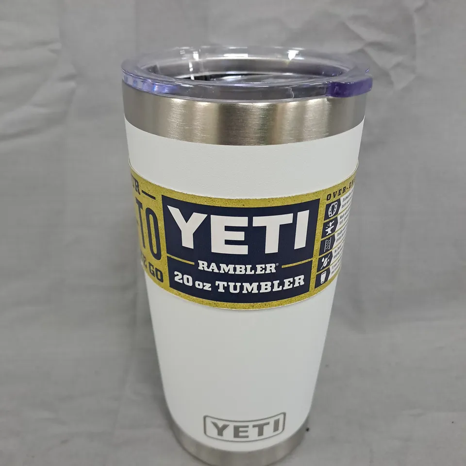 YETI RAMBLER 20 OZ TUMBLER – WHITE WITH CLEAR LID