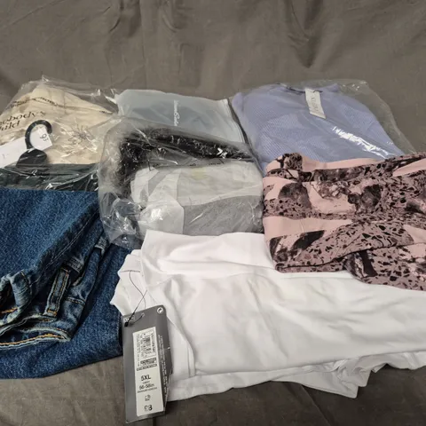 LARGE BOX OF APPROXIMATELY 20 ASSORTED CLOTHING ITEMS IN VARIOUS SIZES, STYLES AND COLOUR