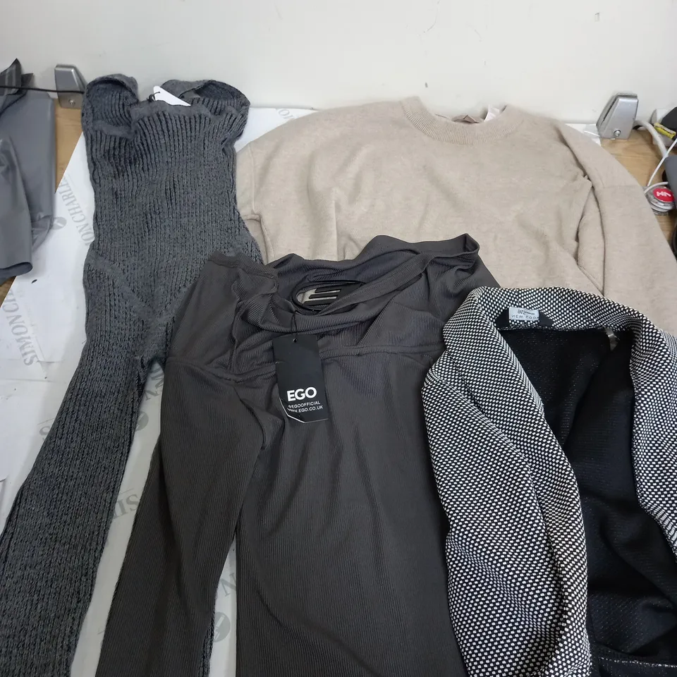 LARGE BOX OF ASSORTED CLOTHING ITEMS IN VARIOUS COLOURS AND SIZES INCLUDING TROUSERS , TOPS AND JUMPERS 