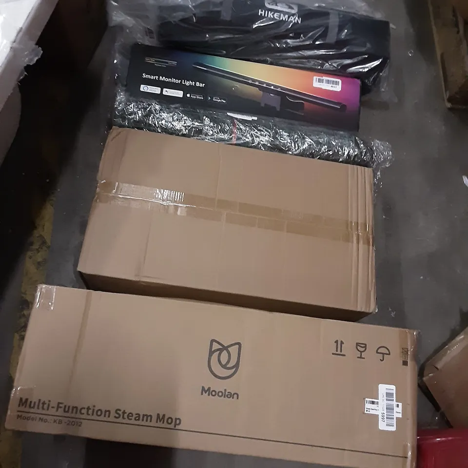 PALLET OF ASSORTED PRODUCTS INCLUDING SMART MONITOR LIGHT BAR, MOOLAN MULTI-FUNCTION STEAM MOP, STOREMIC TOILET, PAXCESS PRESSURE WASHER, ANIMAL ISLAND, STORAGE STOOL