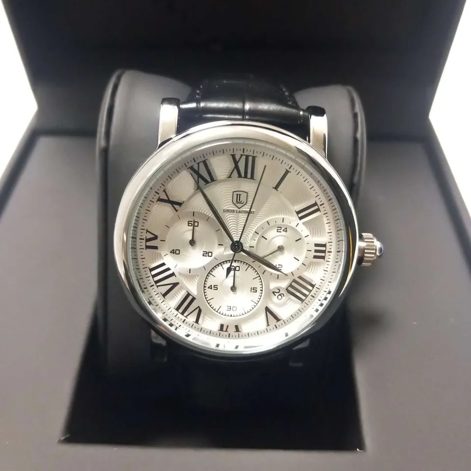 MENS LOUIS LACOMBE CHRONOGRAPH WATCH – MULTI FUNCTION DIAL WITH DATE – ROMAN NUMERAL DIAL – LEATHER STRAP – GIFT BOX – EST £420