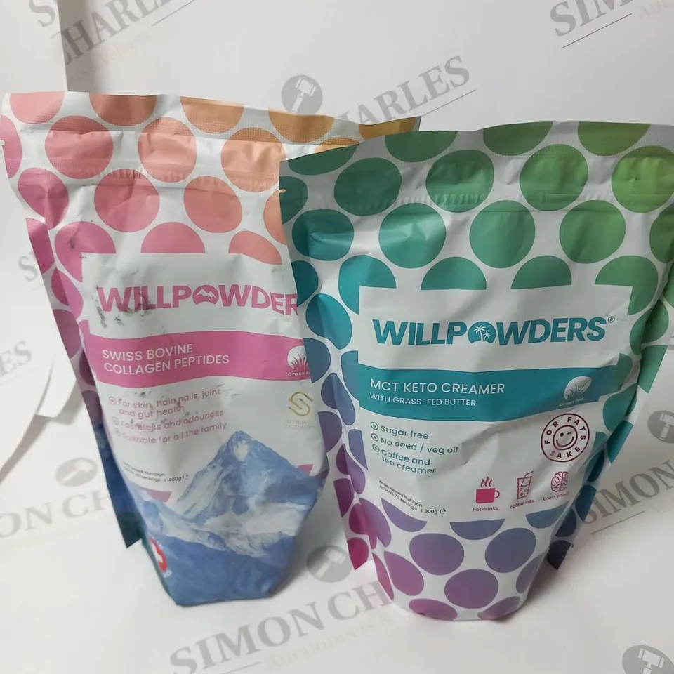 FOUR ASSORTED WILLPOWDERS PRODUCTS TO INCLUDE; MCT KETO CREAMER WITH GRASS FED BUTTER 300G AND SWISS BOVINE COLLAGEN PEPTIDES