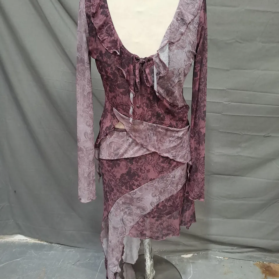 RECLAIMED VINTAGE MIXED PRINT WITCH TOP AND SKIRT CO-ORD IN PURPLE SIZE 12