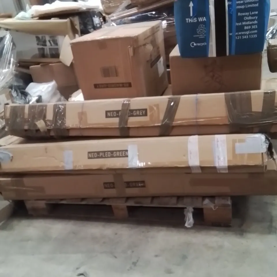 PALLET OF ASSORTED HOUSEHOLD GOODS AND PRODUCTS TO INCLUDE;BBQ,LED PARASOLS,DINING CHAIRS 
